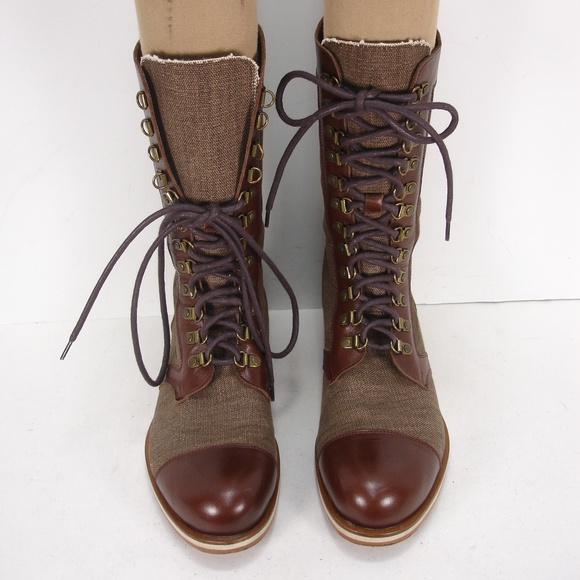 HELM 2843 BROWN LEATHER CANVAS LACE FRONT BOOTS 9 main image 7
